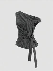 SHEIN Sweetro Áo kiểu nữ dáng ôm thanh lịch, màu xám, họa tiết kẻ sọc, lệch vai, thắt eo, thích hợp cho mùa xuân/hè. - Xám - Xem 3