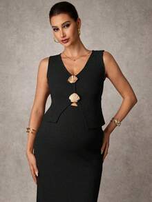 MaterniChic Conjunto de 2 piezas de camiseta y falda elegante con decoración de concha metálica para maternidad, verano - Negro - Ver 5