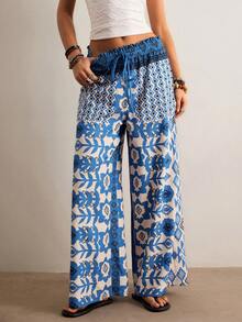 Freevana Pantalones sueltos con cintura de bolsa de papel y lazo - Azul - Ver 4