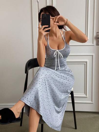 SHEIN Napfluff Women's Cute Polka Dot Print Contrast Color Tie-Up Design Camisole A-Line Mid-Length Nightgown Sexy Sleep Dress Summer Dress Polka Dot Dress Lounge Dresses