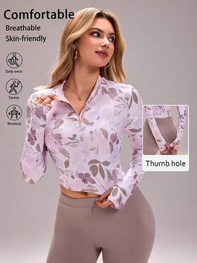 Sovereign Charm Women's Casual Floral Print Quarter Button Cropped Sweatshirt For Autumn