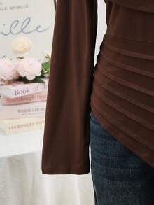 Lacomfia Plus Size Women Elegant Casual Drawstring Waist Asymmetric Hem Crew Neck Long Sleeve T-Shirt, Spring/Summer - Brown - View 5