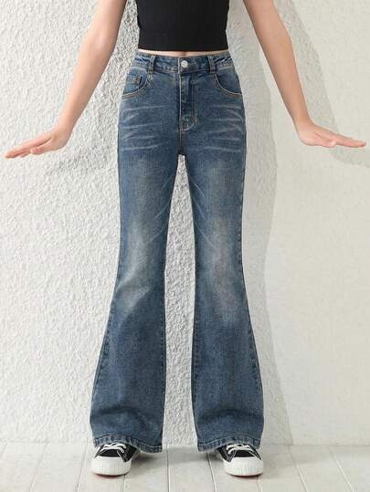 Quần jean cho bé gái tuổi teen, mùa xuân thu, kiểu Mỹ retro mới, màu xanh đậm, chất liệu denim bạc màu, cạp trung bình, ống loe, họa tiết râu mèo, dáng ôm, thoải mái, chất liệu cotton cao cấp, thích hợp mặc hàng ngày đi học, đi nghỉ mát, mùa xuân thu. Quần jean trẻ em, quần jean cho bé gái tuổi teen và bé gái lớn.