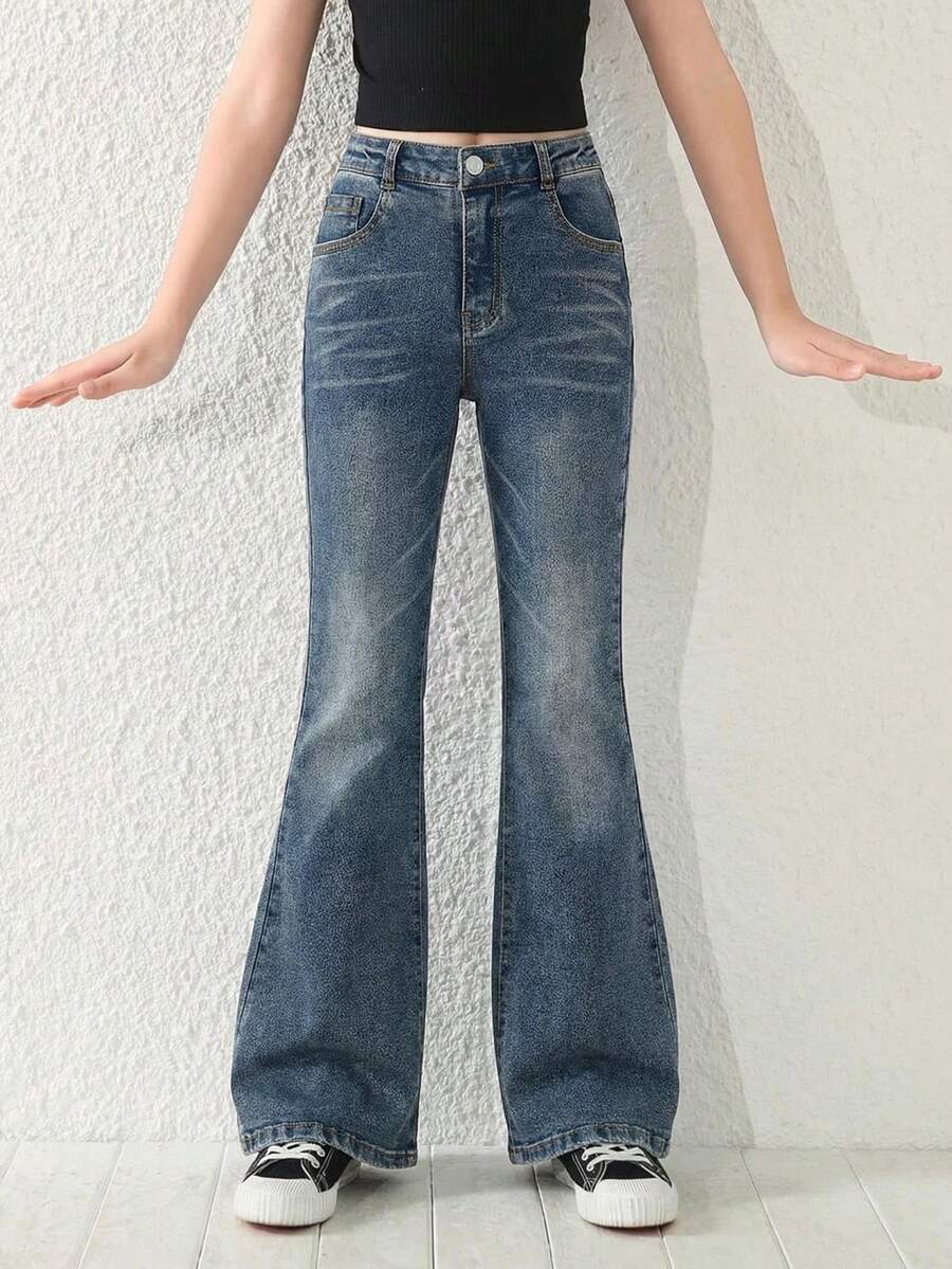 少女牛仔裤 春秋新款 美式复古深蓝色水洗牛仔中高腰喇叭裤 猫须做旧纹理 修身舒适 优质棉质牛仔布 日常基础款 学校穿搭 度假棉质春秋装 儿童牛仔裤 少女牛仔裤 大童牛仔裤