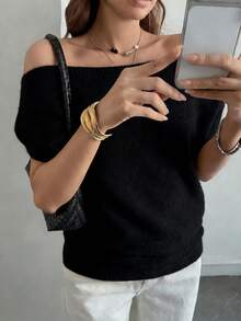 DAZY 女士优雅不对称肩部短袖毛衣 - 黑色 - 查看 5