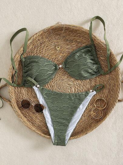 Swim Vcay 2026 New Spring/Summer Olive Green Shell Textured Mesh Fabric Adjustable Strap Front Center Pearl Decor Women Sweet Vacation Bikini Set, Suitable For Summer Beach