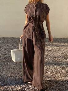 DAZY 女士圆领无袖条纹衬衫配腰带和宽松阔腿裤两件套休闲套装 - 棕色 - 查看 7
