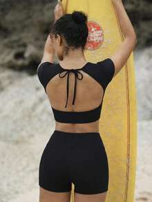 Swim SPRTY Women's Backless Sexy Beach Outfit, Fashionable Casual Vacation Sports Swimwear Top, Surfing Suit - Black - View 4