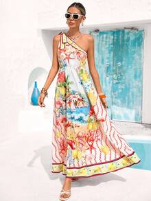 Vivid Eden Vestido asimétrico de línea A con estampado artístico para mujer, ideal para vacaciones de verano - Multicolor - Ver 6