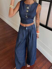 Livesso 女士圆领露背系带短款无袖上衣搭配阔腿牛仔裤休闲套装 - 藍色 - 查看 5