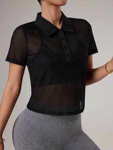 Dewbera Camisa Polo Esportiva de Manga Curta com Tela Vazada e Cor Sólida para Mulheres - Preto - Visão 5