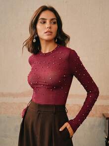 Anewsta Women's Spring Round Neck Long Sleeve Pearl Elastic Elegant Blouse - Burgundy - View 4