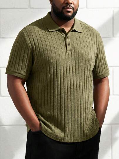ResortEase Men Plus Solid Rib-Knit Polo Shirt, Plain Collar Shirt