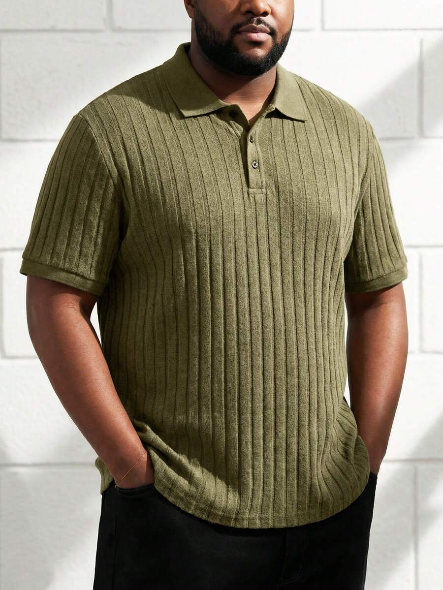 Manfinity Homme 男士加大纯色罗纹针织 Polo 衫,纯色领衬衫 - 軍綠色 - 查看 1