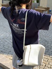 DAZY Teen Girl Slogan Print Round Neck Loose Casual Short Sleeve T-Shirt Summer - Navy Blue - View 7