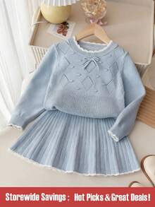 SHEIN 2pcs/Set Young Girls Winter Knitted Outfit, Cute Bow Sweater & Pleated Skirt Set For Young Girl - Blue - View 1