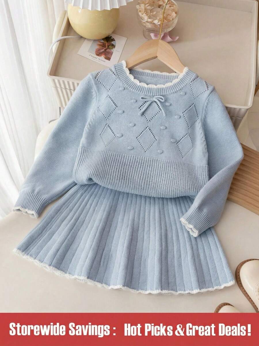 SHEIN 2pcs/Set Young Girls Winter Knitted Outfit, Cute Bow Sweater & Pleated Skirt Set For Young Girl - Blue - View 1