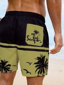 Manfinity KASUA Men's Drawstring Coconut Tree Print Casual Beach Shorts - Olive Green - View 2