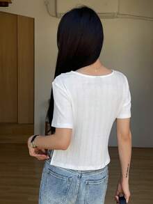 FRIFUL Women's Round Neck Ribbed Bodycon Short Sleeve Split Hem T-Shirt, Summer - Black - View 3