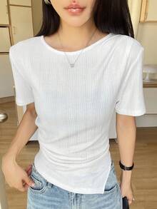 FRIFUL Women's Round Neck Ribbed Bodycon Short Sleeve Split Hem T-Shirt, Summer - Black - View 6