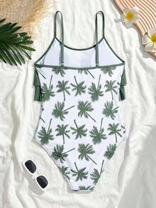 SHEIN 少女褶皱荷叶边连体泳衣，休闲舒适 - 薄荷綠 - 查看 4