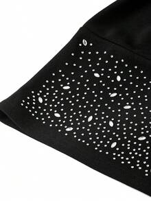 Ellevyn Women's Round Neck Rhinestone Embellished Waist Fitted Short Party Dress - Black - View 4