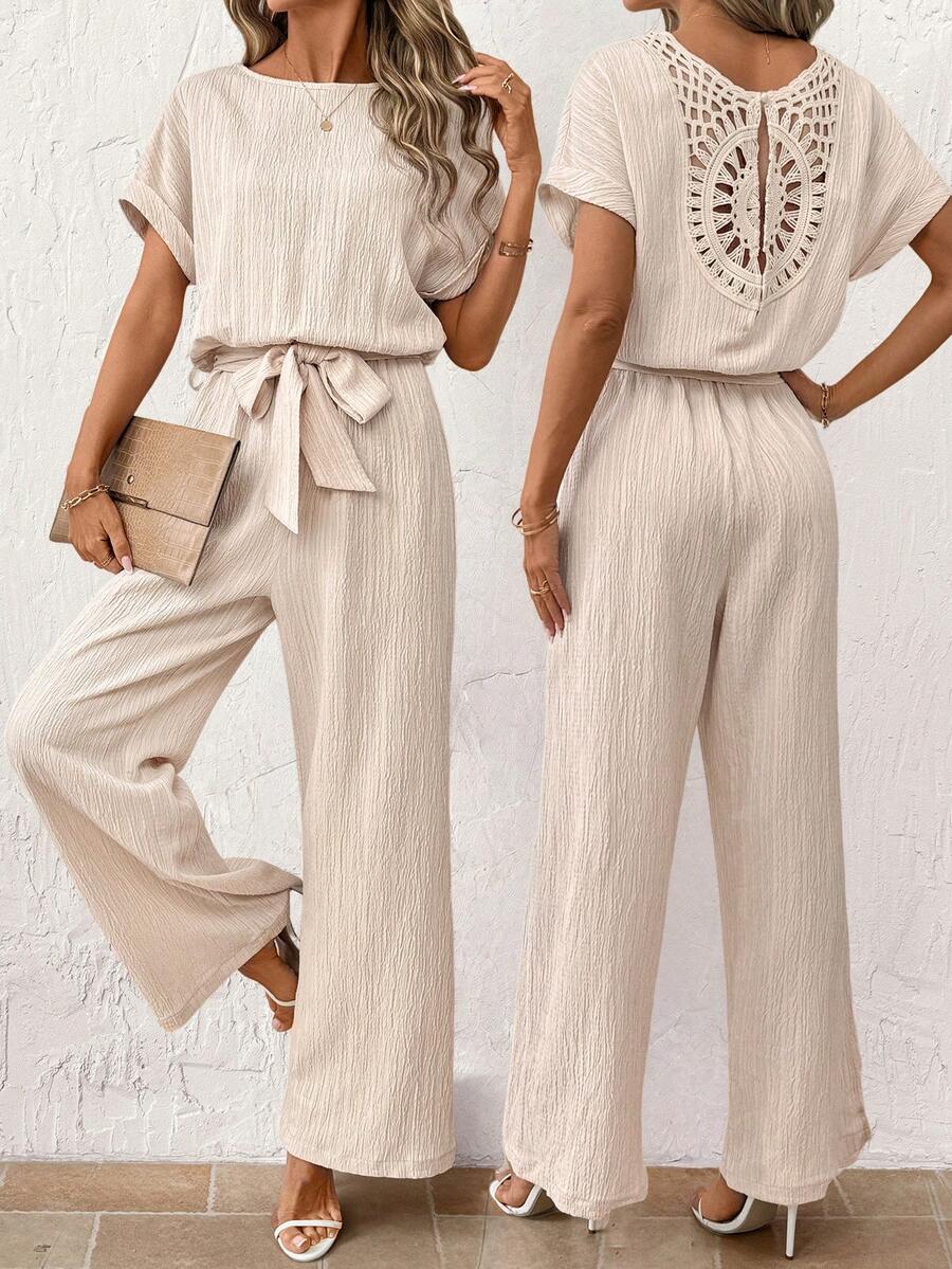SHEIN Clasi Waist Cinching Hollow-Out Knit Jumpsuit, Suitable For Casual Daily Wear Or Vacation - Khaki - View 1