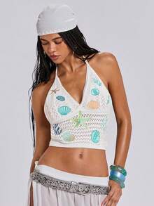 ROMWE Seaside Vacation Starfish & Shell Embroidered Knit Halter Top - Beige - View 5
