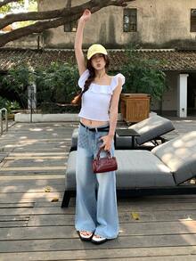 DAZY Women's Versatile Casual Quilted Flared Refreshing Denim Jeans, Suitable For All Seasons - Blue - View 9