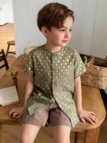 DAZY Young Boy Geometric Pattern Short Sleeve Single-Breasted Casual Shirt - Green - View 4