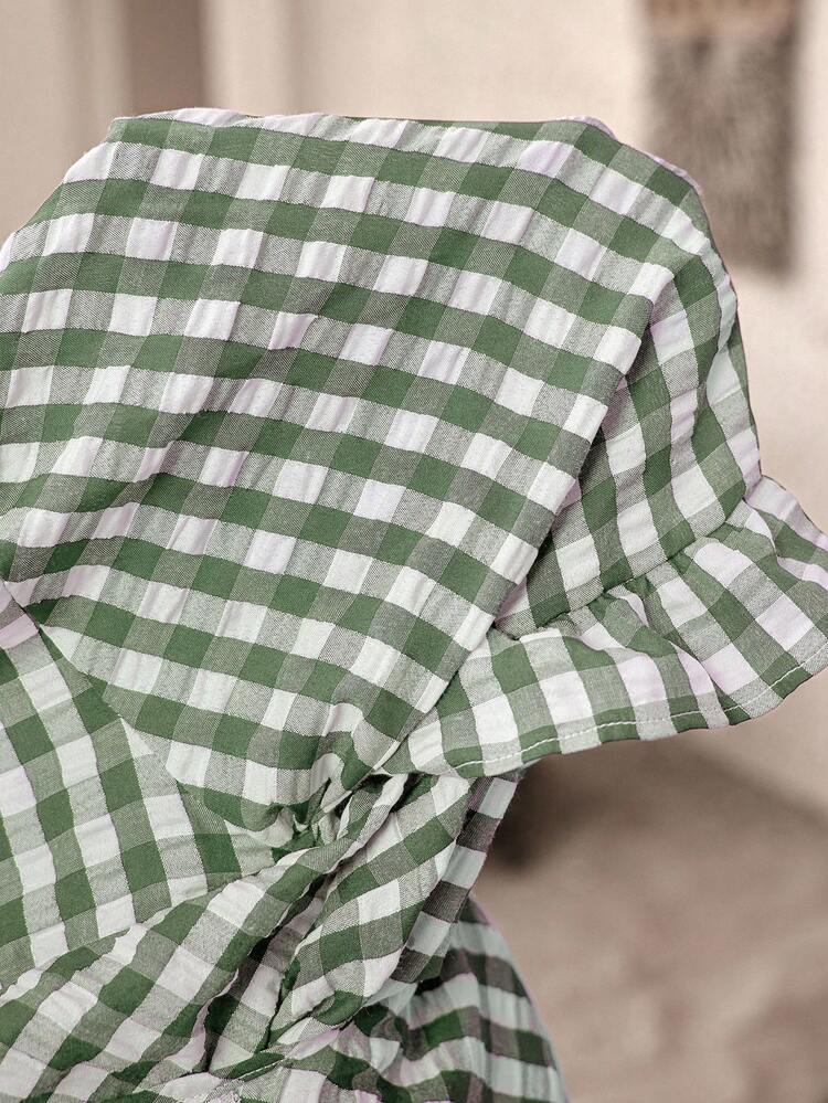 Plus Size Casual Plaid Ruffle Sleeve Shirt