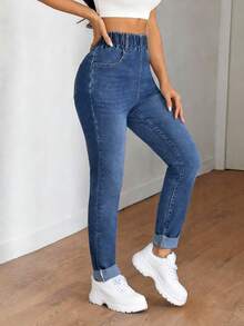 SHEIN Tall Women's Summer Casual High Waist Elastic Waist Denim Jeans Blue Stretch Slim Fit Tapered Pants With Pockets & Cuffed Hem Perfect For Daily & Streetwear Outfits Women's Casual Elastic Waist Pockets Versatile Daily Wear Jeans - Dark Wash - View 4
