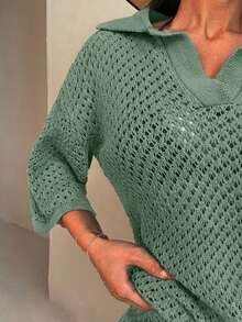 EURMUSE Casual Tropical Oversized Mesh Knit Top With Polo Collar - Perfect For Layering In Sage Green Set With Shorts Beach Vacation Summer - Mint Green - View 7