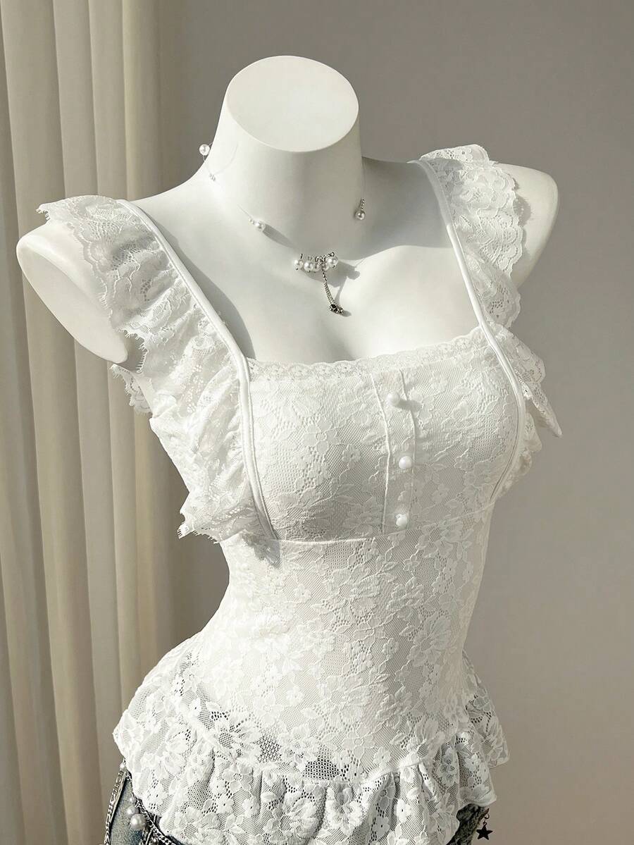 Elamini Women's Sweet & Cute Casual Daily Lace Fabric Cap Sleeve Square Neck All-White T-Shirt, Fashionable & Versatile For Spring/Summer - White - View 1