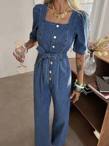 DAZY Women's Casual Washed Square Collar Petal Sleeve Belted Denim Jumpsuit, Spring/Summer - Medium Wash - View 6