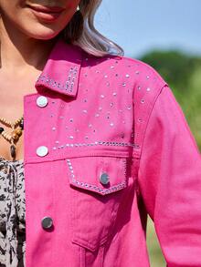 EMERY ROSE Women's Turndown Collar Single-Breasted Rhinestone Embellished Casual Everyday Denim Jacket, Long Sleeve - Hot Pink - View 6