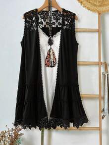 EMERY ROSE 大码女式蕾丝拼接开襟无袖外套 - 黑色 - 查看 6