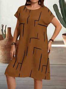 EMERY ROSE Plus Size Women Line Print Round Neck Batwing Short Sleeve Casual Dress - Brown - View 4