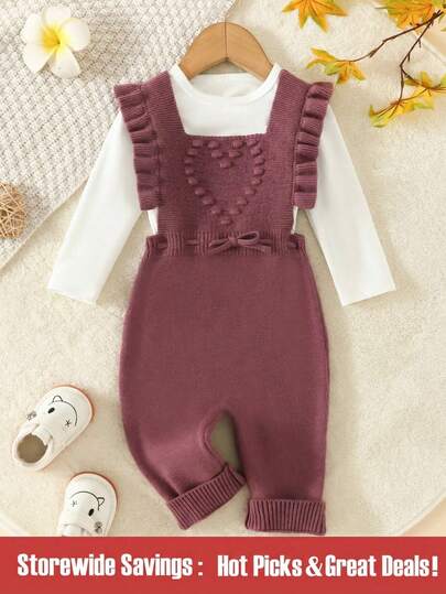 Baby Girl Ruffle Trim Bow Front Overall Knit Jumpsuit