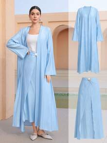 Graceveil Women's Elegant 2-Piece Set: Solid Color Casual Long Sleeve Cardigan & Metal Button Decorated Flared Skirt - Blue - View 5
