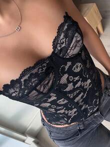 LHSEPT 性感蕾丝透视吊带背心，适合派对、约会、通勤、可爱文胸、性感夜店上衣、束身胸衣、外出上衣、可爱上衣、夏季蕾丝上衣 - 黑色 - 查看 4