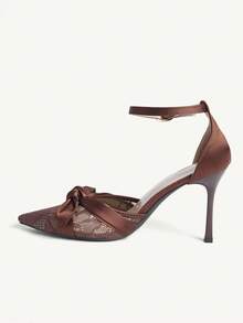 CUCCOO CHICEST Giày cao gót mũi nhọn cổ điển bằng vải lưới satin dành cho nữ, kiểu dáng gợi cảm, thích hợp cho các buổi tiệc tối, giày cao gót gót nhọn đơn giản, hở gót. - màu nâu - Xem 4