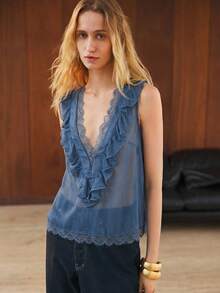 Maija 女士简约纯色蕾丝荷叶边衬衫，夏季西部风上衣，牛仔上衣，女式牛仔上衣，适合夏季圣帕特里克节、复活节、夏季派对、海滩度假、夏季外出、毕业典礼等场合，休闲女式衬衫 - 藍色 - 查看 7