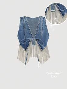 SHEIN MOD Áo khoác denim nữ cổ chữ V thắt nơ tua rua thời trang đa năng - Màu xanh lam - Xem 1