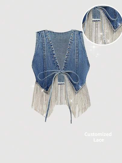 SHEIN MOD 女士V领系带流苏装饰时尚百搭牛仔外套