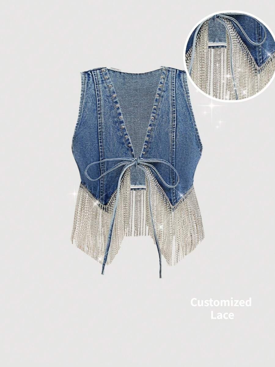 SHEIN MOD Áo khoác denim nữ cổ chữ V thắt nơ tua rua thời trang đa năng - Màu xanh lam - Xem 1