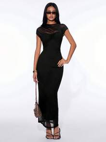 SHEIN ICON 2026 New Arrive Women's Solid Color Lace Patchwork Stand Collar Elegant Fitted Mid-Length Dress Black Bodycon Maxi Dress Black See Through Dress Black Wedding Guest Dress,Spring/Summer Black Evening Dress Sexy Elegant Dress Long Bodycon Dress Black Elegant Dress Women - Black - View 8