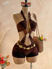 Soleia New Casual Vacation Western Beach Wedding Guest Attire, Graduation Brunch, St. Patrick's Day, Spring Break, Easter, Music Festival, Elegant Boho Tropical, Valentine's Day, Christmas Sexy Backless Halter Gradient Metallic Cutout Jumpsuit For Women - Multicolor - View 8