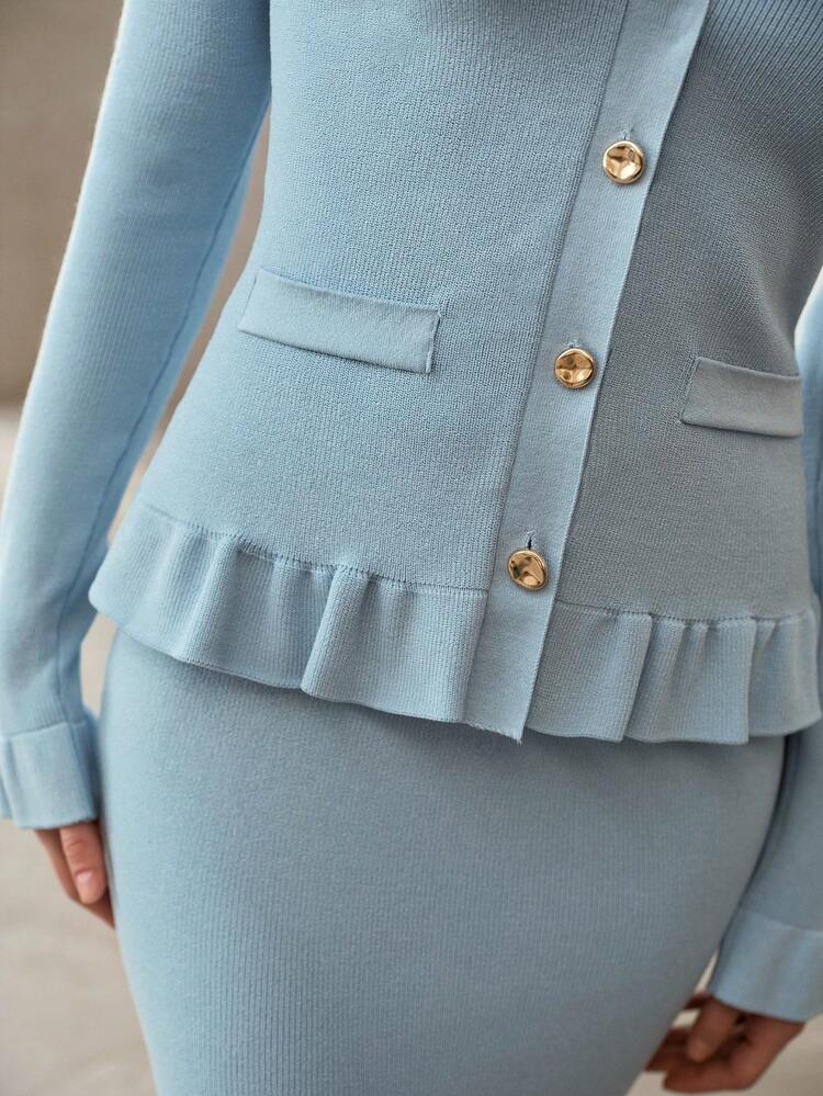 RUFFLE HEM BUTTON UP TOP & BIAS CUT SKIRT 2 PIECES KNIT SET, SPRING/SUMMER