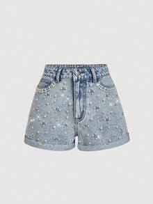 Selenza Shorts vaqueros de verano con decoración de perlas en color azul claro para mujer - Azul - Ver 7